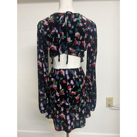 Open Edit Fit & Flare Velvet Dress Side Pockets Black Floral Open Back Size S - Picture 2 of 13